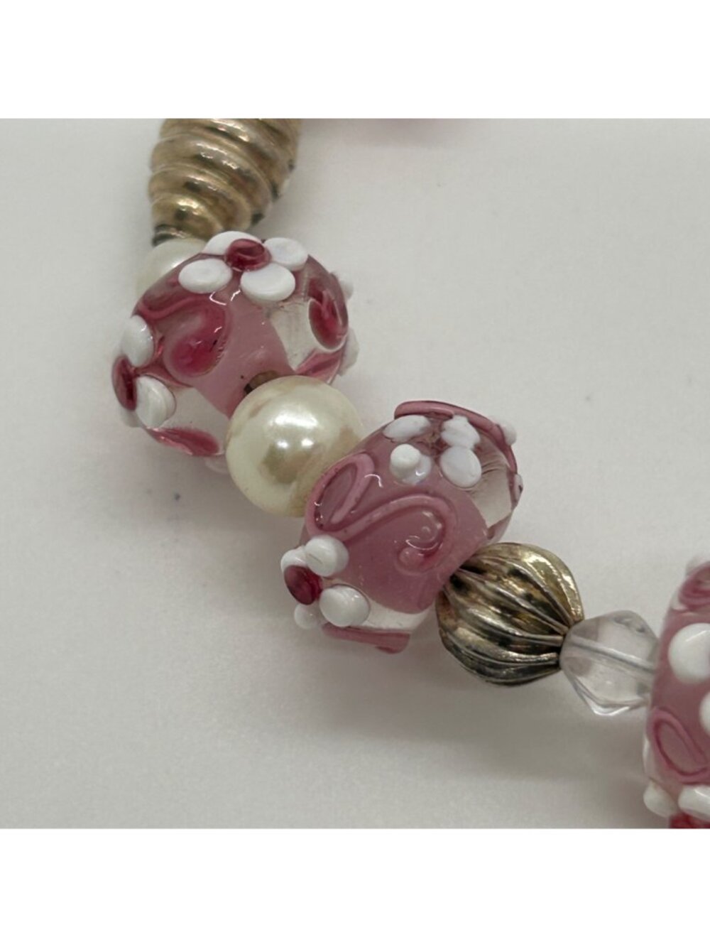 Floral Lampwork Bracelet Glass Bead Bracelet Pink White Pearl Crystal Artisan - Picture 3 of 10